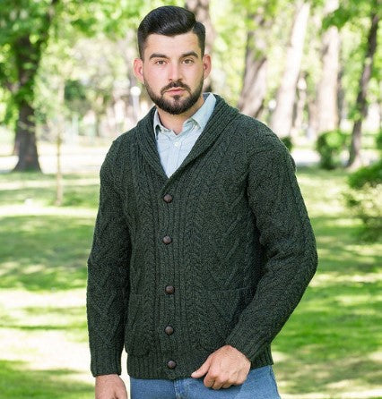 Mens Aran Cable Shawl-Collar Cardigan