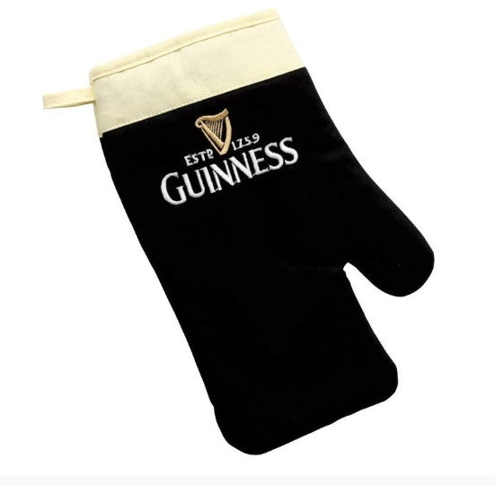 Guinness Label Oven Glove - Cotton Black/Cream Embroidered Kitchen Grill Mitt